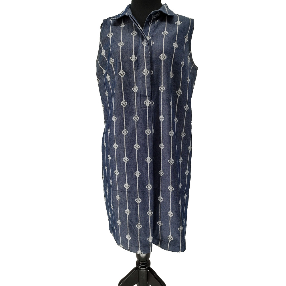 Liz Claiborne Woman's Blue Denim Rope Shift Dress Size M Pleated Hidden Buttons